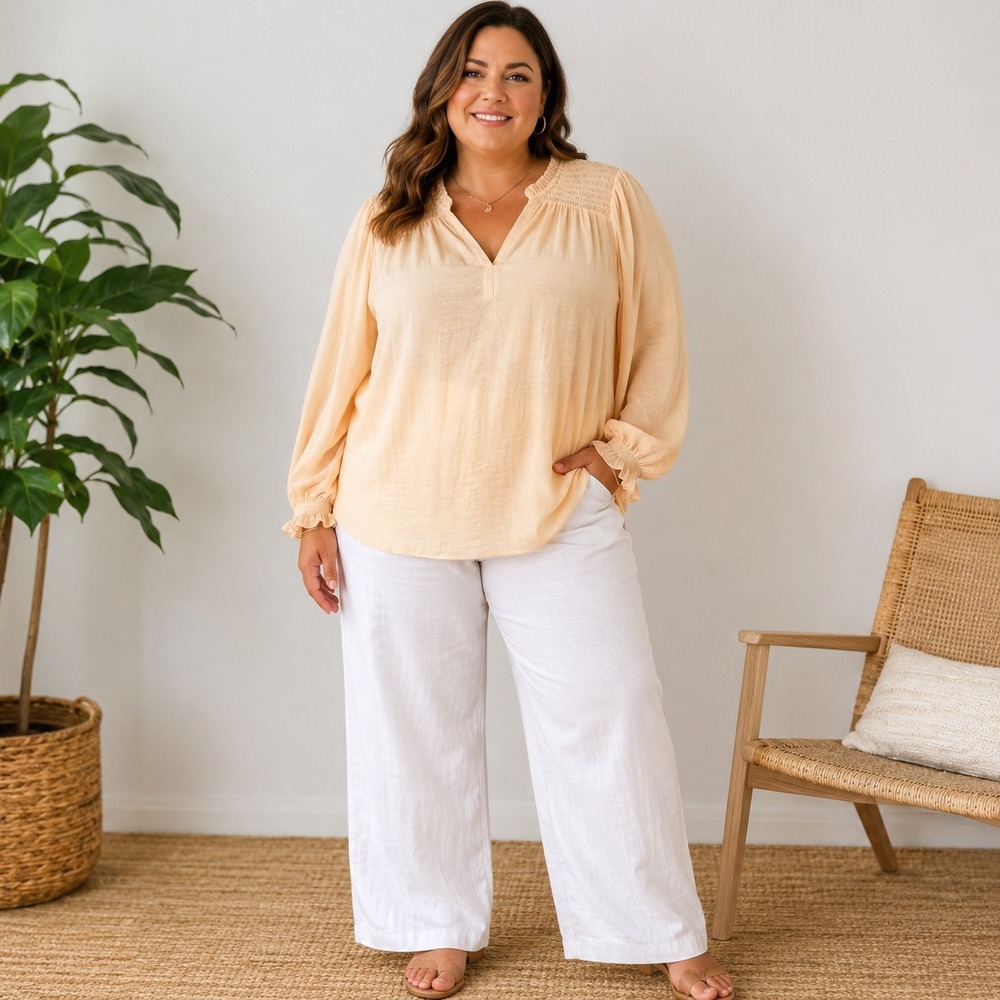 Rachel Rachel Roy Peach Peasant Blouse Smocked Long Sleeve Tassel Top XL NEW